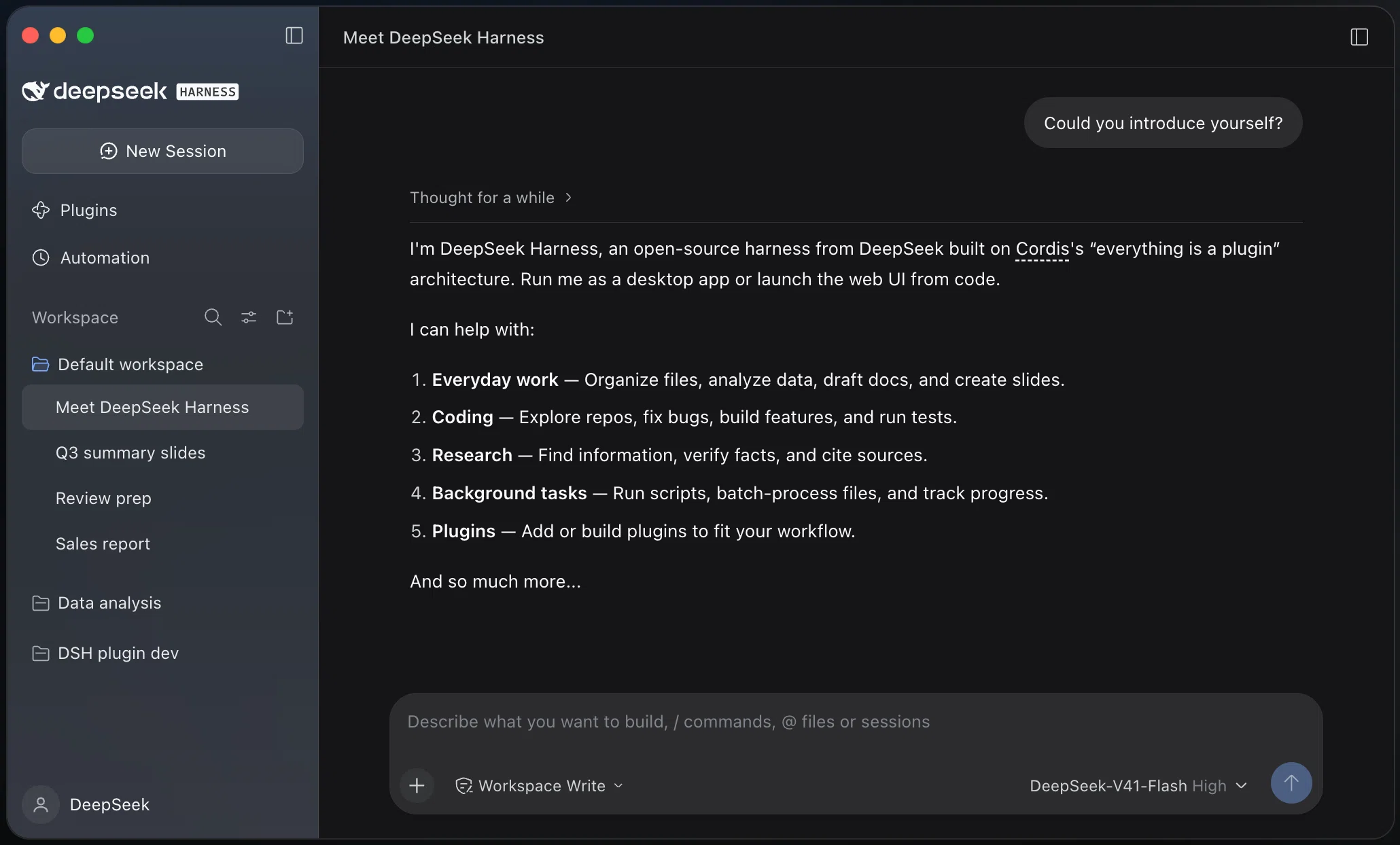 DeepSeek Harness desktop app in its dark theme: a sidebar with New Session, Plugins, Automation and workspace sessions, and a conversation in which Harness introduces itself.